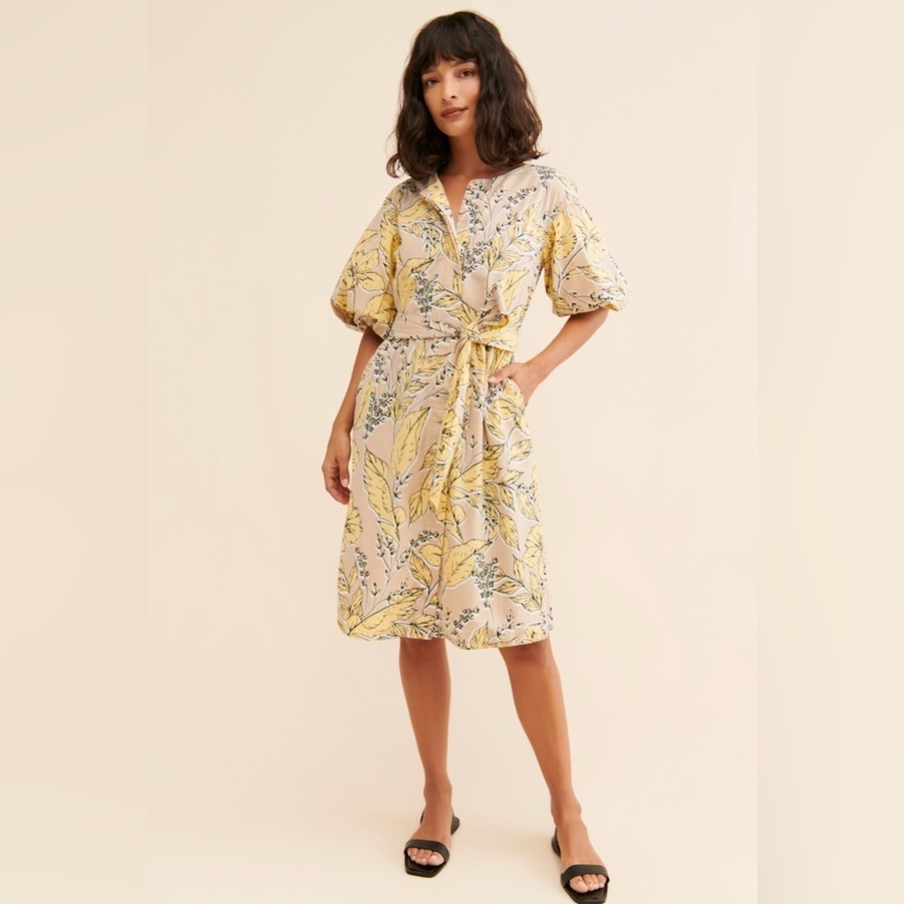 Anthropologie Josephine Yellow Floral Midi Dress Cotton Puff Sleeve | M